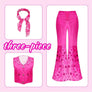 Rodeo Barbie Pink Cowgirl Costume for Adult Women Girl Wild West Western Outfit Cosplay Hippie Costume 70s 80s Disco Scarf Halloween Party