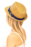 Diona J Tan Colored Straw Fedora with Two Tone Band Summer Sun Hat