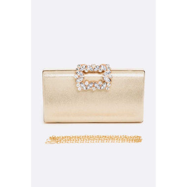 DIONA J CRYSTAL BUCKLE METALLIC BOX CLUTCH SHOULDER BAG COLOR GOLD