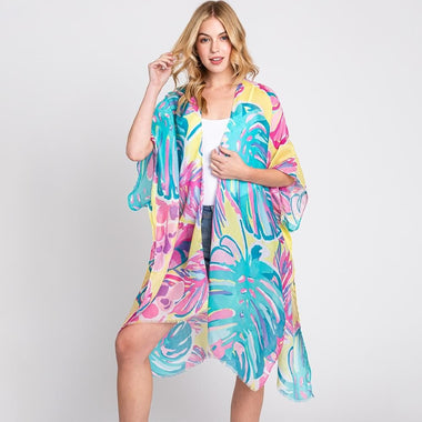 DIONA J HAND DRAWN TROPICAL LEAVES KIMONO ONE SIZE COLOR TURQUOISE