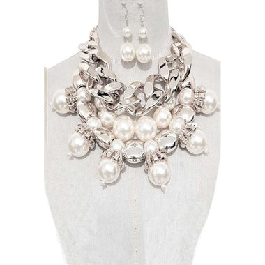 DIONA J CHUNKY CHAIN PEARL STATEMENT NECKLACE SET WHITE/SILVER