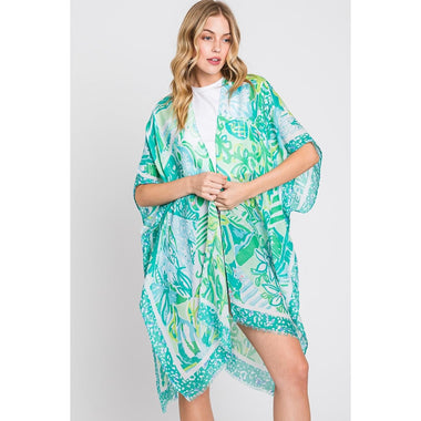 DIONA J WATERCOLOR GEOMETRIC PRINT KIMONO CARDIGAN ONE SIZE COLOR GREEN