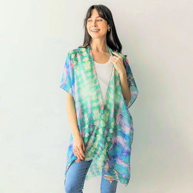 DIONA J IMPRESSIONIST ABSTRACT PRINT KIMONO ONE SIZE COLOR GREEN