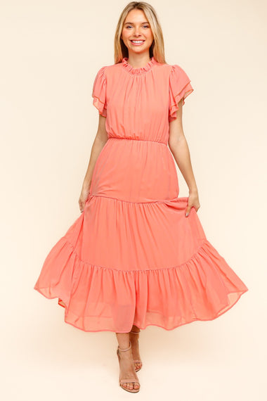 Haptics Full Size Tiered Frill Mock Neck Short Sleeve Dress