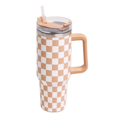 Checkered 40oz Stainless Steel Tumbler with Handle and Straw Lid | Khaki