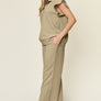 Double Take Texture Ruffle Short Sleeve Top and Drawstring Wide Leg Pants Set