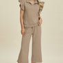 Double Take Full Size Texture Ruffle Short Sleeve Top and Wide Leg Pants Set