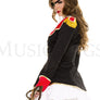 Gold trim coat with white collared dress
