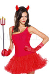 The Devil Costume Accessory Kit is a great way to create a costume on your own. This kit includes a devil horn headband, a pitchfork and red satin gloves. (Dress and stockings not included.)