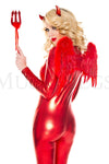 Complete your devilish costume with this Red Devil Babe Costume Kit featuring a red devil horns clips, red pitchfork with sequin and feather accents, and red feather devil wings. (Jumpsuit, and shoes not included.)