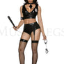 7 PC. Wet look top and garter shorts Includes: hat, tie, arm band, handcuffs, and baton (Stockings not included)