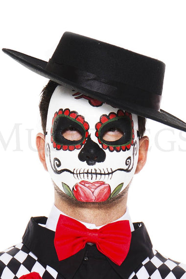 This full face day of the dead mask features an intricately painted design.