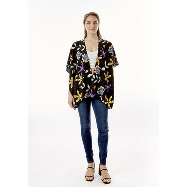 DIONA J FASHION FLOWER PRINT SHORT KIMONO ONE SIZE COLOR BLACK