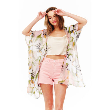 DIONA J FLORAL PRINTED SILKY KIMONO ONE SIZE COLOR BEIGE