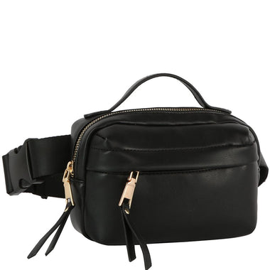 DIONA J VEGAN LEATHER SMOOTH HANDLE ZIPPER FANNY PACK BELT BAG COLOR BLACK