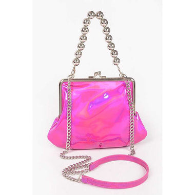 DIONA J METALLIC MIRRORED TOP HANDLE SWING CLUTCH CROSSBODY BAG COLOR FUCHSIA
