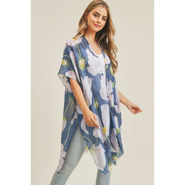 DIONA J BIG FLOWER PRINT KIMONO ONE SIZE COLOR TEAL