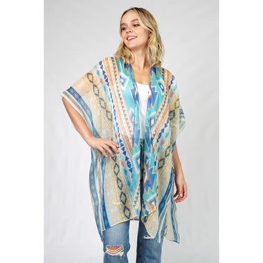 DIONA J AZTEC PRINT KIMONO CARDIGAN ONE SIZE COLOR NAVY AND YELLOW