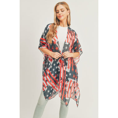 DIONA J AMERICAN FLAG KIMONO CARDIGAN ONE SIZE COLOR NAVY BLUE RED