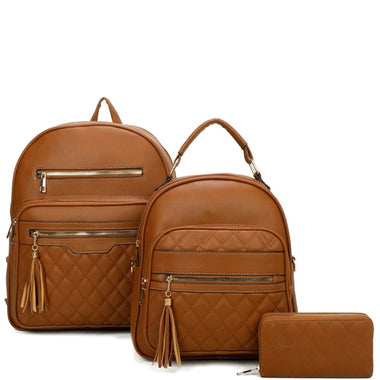3IN1 QUILT TASSEL ZIPPER BACKPACK W MATCHING BAG AND WALLET SET BROWN