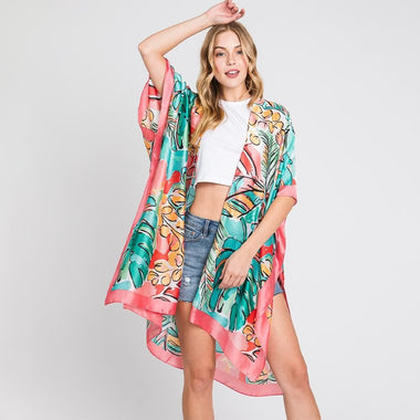 DIONA J HAND DRAWN WATERCOLOR TROPICAL LEAVES KIMONO ONE SIZE COLOR PINK