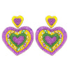 2 Tier Mardi Grass Tricolor Heart Post Crystal Rhinestone Seed Bead Earrings