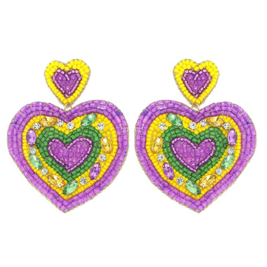 2 Tier Mardi Grass Tricolor Heart Post Crystal Rhinestone Seed Bead Earrings