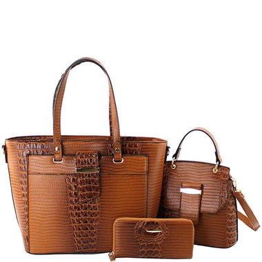 3IN1 CROC TEXTURED CHIC SATCHEL W HANDLE CROSSBODY AND WALLET SET COLOR BROWN