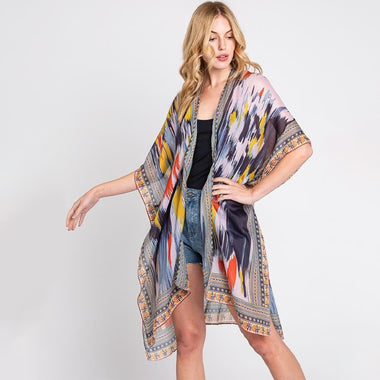 DIONA J GEOMETRIC TRIM TIE DYE PRINT KIMONO CARDIGAN ONE SIZE COLOR NAVY