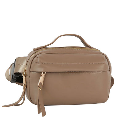 DIONA J VEGAN LEATHER SMOOTH HANDLE ZIPPER FANNY PACK BELT BAG COLOR TAUPE