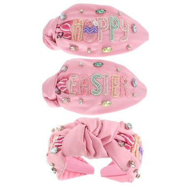 Happy Easter Bunny Ears Seed Beaded Embroidery Knotted Headband Pink