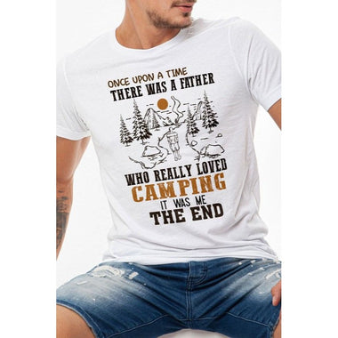 There Was a Father Really Loved Camping Graphic Round Neck Men Tee Size XL White