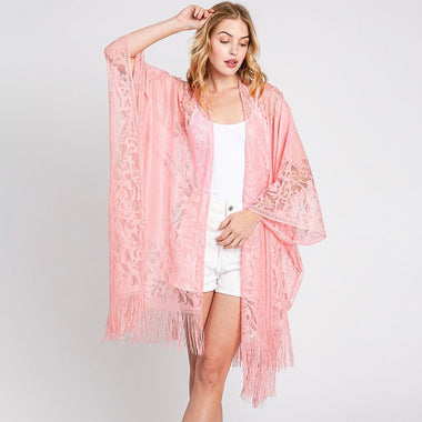 DIONA J FLORAL LACE KIMONO WITH TASSEL ONE SIZE COLOR PINK