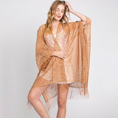 DIONA J FLORAL LACE KIMONO WITH TASSEL ONE SIZE COLOR TAUPE