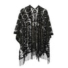 DIONA J FLORAL LACE KIMONO WITH FRINGE ONE SIZE COLOR BLACK