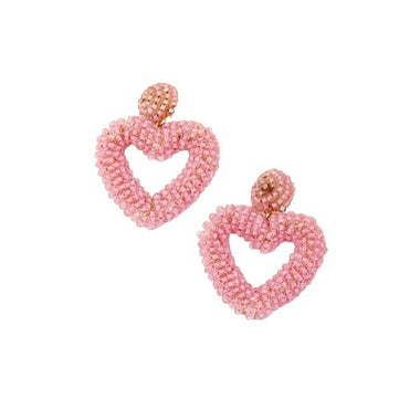 Beaded Heart Statement Thick Heart Seed Bead Heart Hoop Dangle Earrings Pink