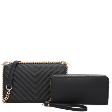 DIONA J WOMEN'S 2IN1 V STITCH DESIGN CROSSBODY W WALLET SET COLOR BLACK