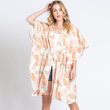 DIONA J FRONT ROPE FLOWER KIMONO ONE SIZE COLOR CORAL