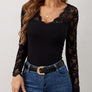 Lace Wavy Hem V-Neck Long Sleeve Top