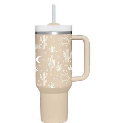 Diona J Cactus 40oz Stainless Steel Tumbler with Handle and Straw Lid | Vacuum Insulated Leak Proof Tumbler | Stainless Steel Beige