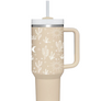 Diona J Cactus 40oz Stainless Steel Tumbler with Handle and Straw Lid | Vacuum Insulated Leak Proof Tumbler | Stainless Steel Beige