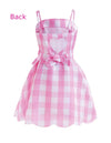 Barbie Girl Pink Plaid Princess Costume for Adult Women - Margot Robbie Movie Dress with Ribbon & 3 Shell Necklace for Halloween & Cosplay
