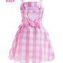 Barbie Girl Pink Plaid Princess Costume for Adult Women - Margot Robbie Movie Dress with Ribbon & 3 Shell Necklace for Halloween & Cosplay