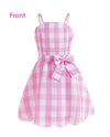 Barbie Girl Pink Plaid Princess Costume for Adult Women - Margot Robbie Movie Dress with Ribbon & 3 Shell Necklace for Halloween & Cosplay