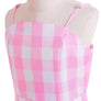 Barbie Girl Pink Plaid Princess Costume for Adult Women - Margot Robbie Movie Dress with Ribbon & 3 Shell Necklace for Halloween & Cosplay