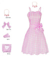 Barbie Girl Pink Plaid Princess Costume for Adult Women - Margot Robbie Movie Dress with Ribbon & 3 Shell Necklace for Halloween & Cosplay