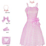 Barbie Girl Pink Plaid Princess Costume for Adult Women - Margot Robbie Movie Dress with Ribbon & 3 Shell Necklace for Halloween & Cosplay