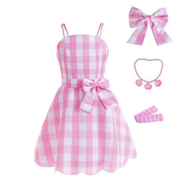 Barbie Girl Pink Plaid Princess Costume for Adult Women - Margot Robbie Movie Dress with Ribbon & 3 Shell Necklace for Halloween & Cosplay