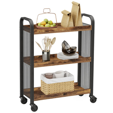 3-Tier Narrow Storage Rolling Cart w/ Wheels Wood Steel Frame Slim Kitchen Dine