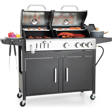 BBQ Grill Propane Gas Grill and Charcoal Grill Combo with Side Burner & Porcelain-Enameled Cast Iron Grate, Dual Fuel BBQ